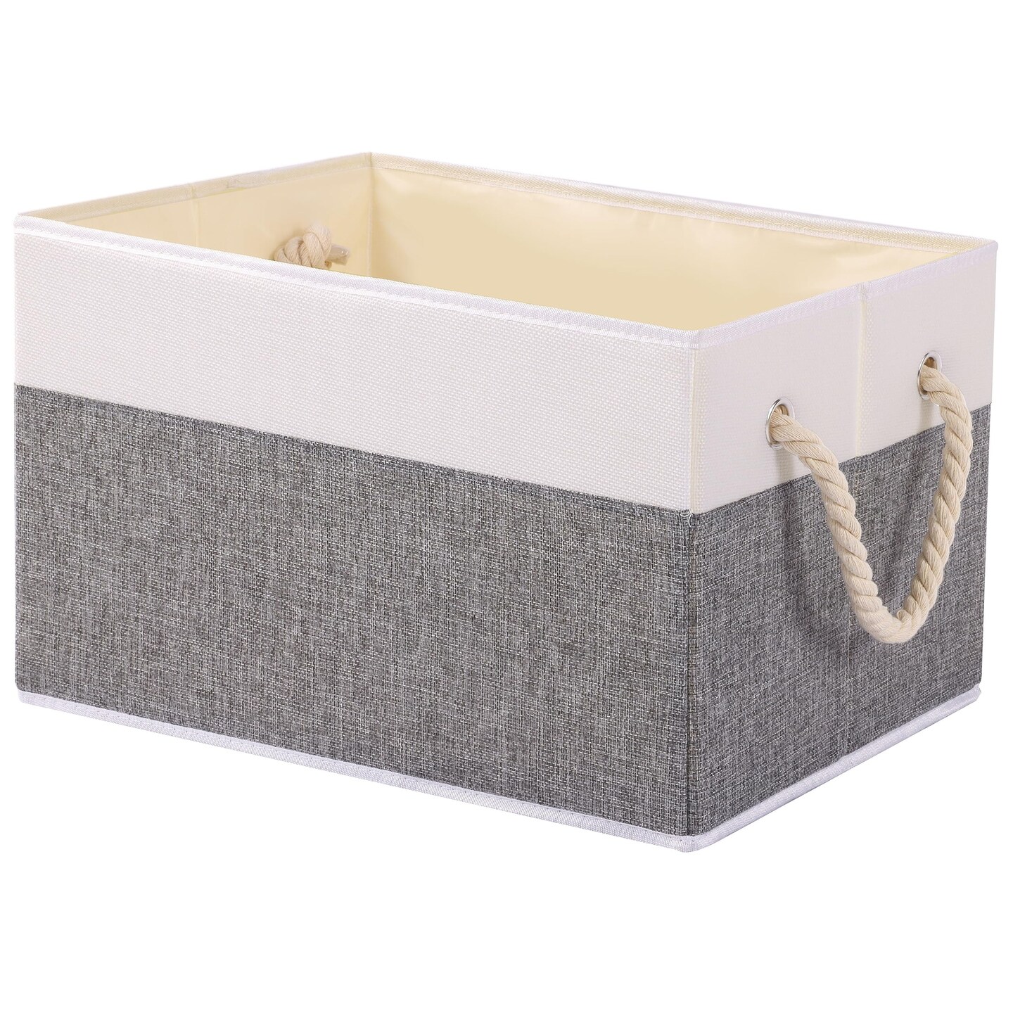 Foldable Storage Basket 1-Pack, Large Fabric Storage Bins with Rope Handle, Used for Organizing Shelves, Closets, Clothes Storage Box, 12.99''Lx9.05''Wx7.87''H, White/Grey