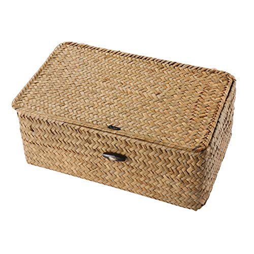 1 Basket with Lids: Seagrass Storage Woven Basket Straw Desktop Rattan 9 inch Hand- Woven Storage Basket Bins Container Organizer for Shelf Desktop Home Decor