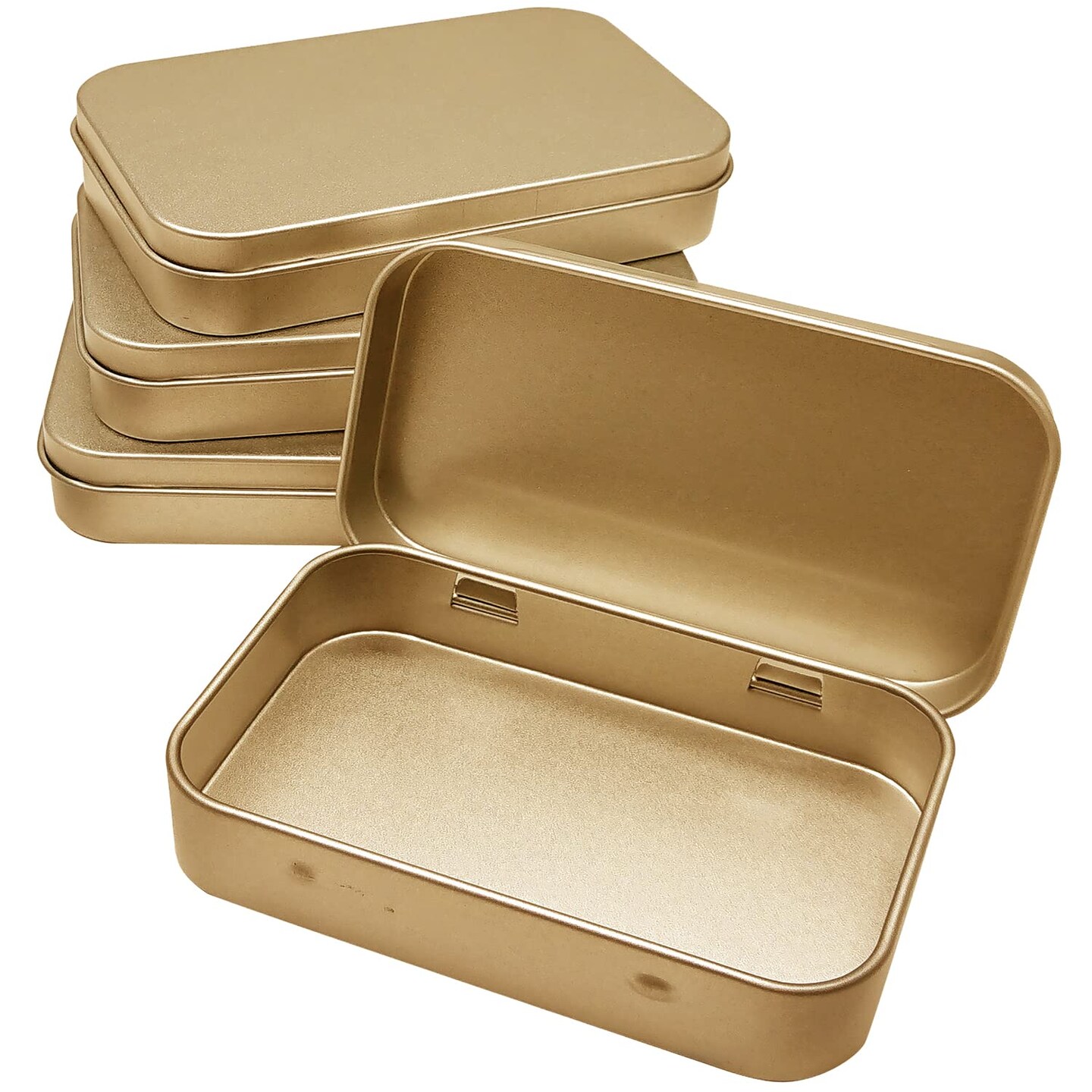 4 Pieces Tin Box Containers 3.7 x 2.4 x 0.8 Inch Metal Tins Storage Box with Hinge Lids, for Home Storage, Outdoor Active Storage Containers, Home Organizer Small Tins, Gold