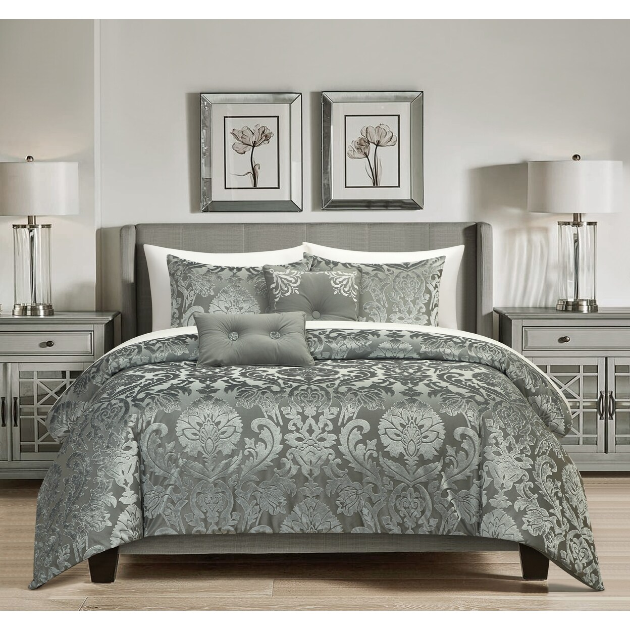 Chic Home Athalee 5 Piece Jacquard Comforter Set Burnout Velvet Damask Floral Design