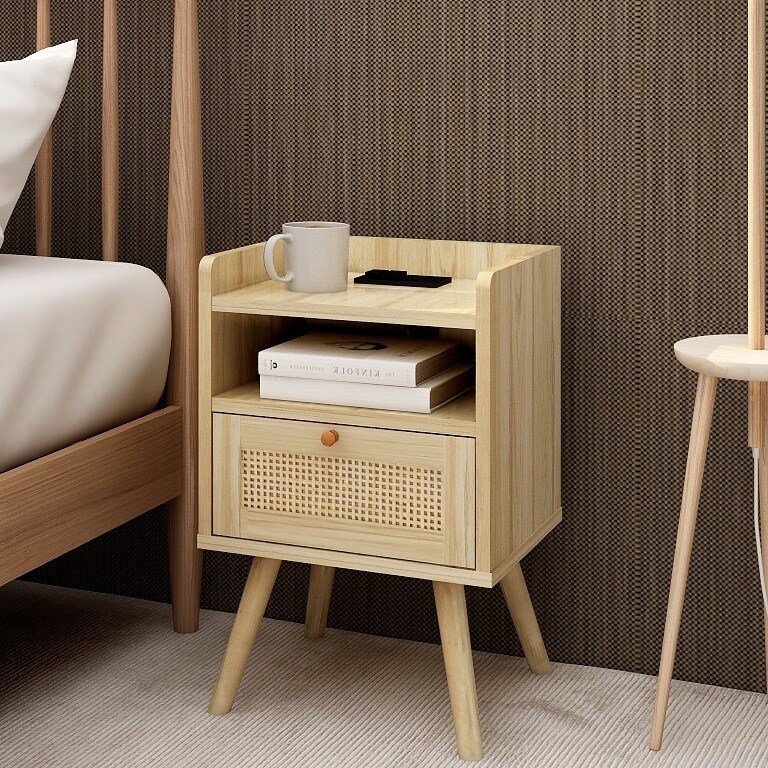Boho-Chic Rattan Nightstand with Charging Ports | Stay Connected Stylishly