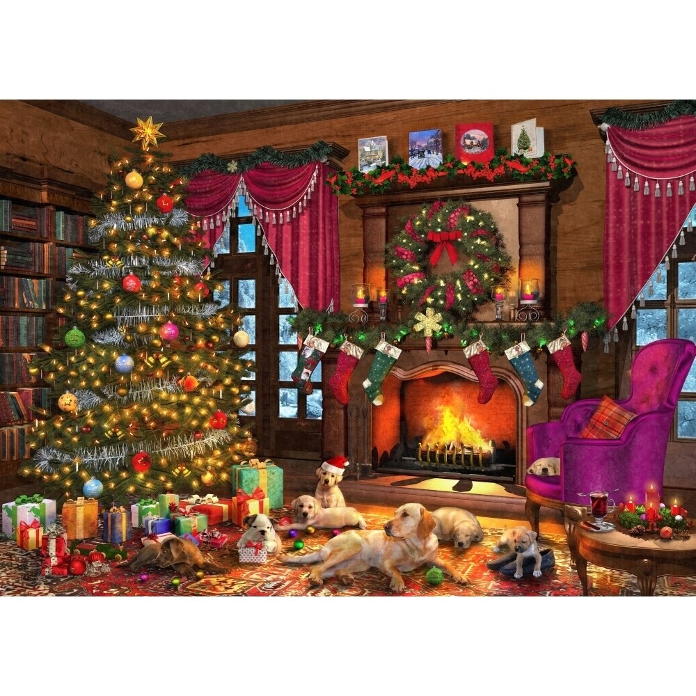 A Christmas Fireplace Surrounded By Puppies. Poster Print By Dominic Davidson