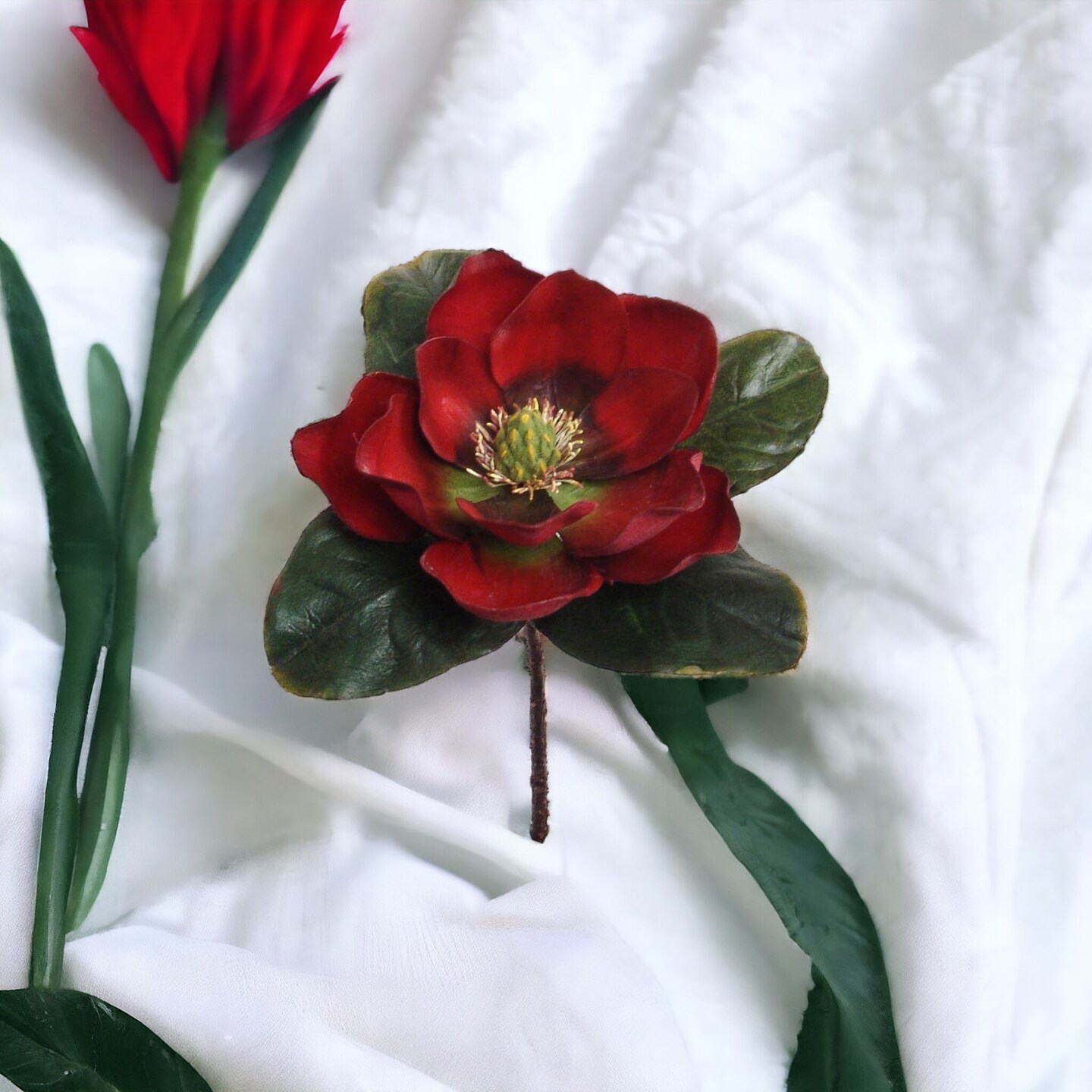 Real Touch Red Magnolia Pick: Set of 12, 12-Inch, 5" Wide, Floral Home by Artificial Flowers