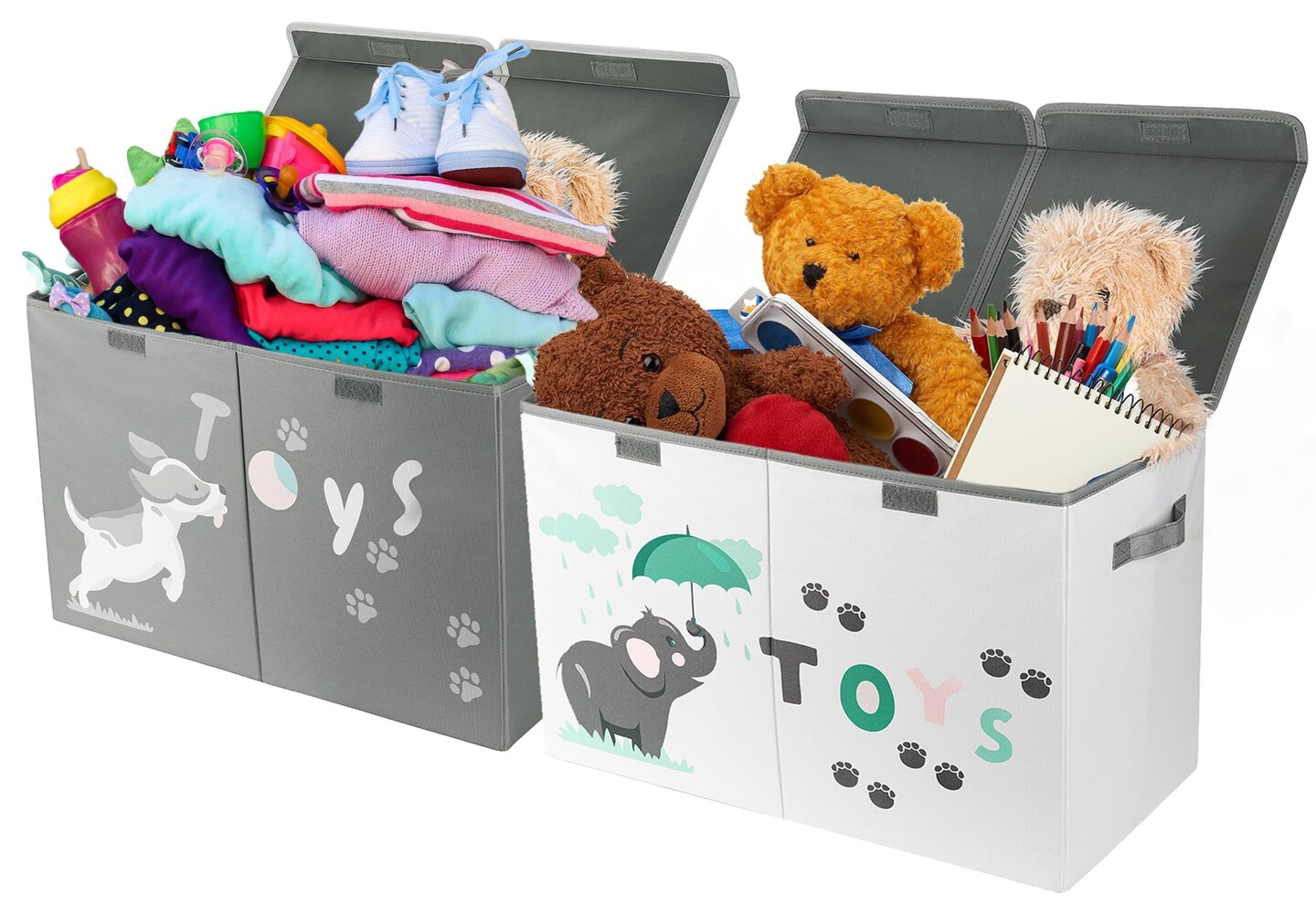 2 Pieces Large Toy Box - Lightweight Collapsible Sturdy Toy Storage Chest w/Flip-Top Lid &#x26; Handles (24.5&#x22; x 12&#x22; x 16&#x22;) (Dog &#x26; Elephant)