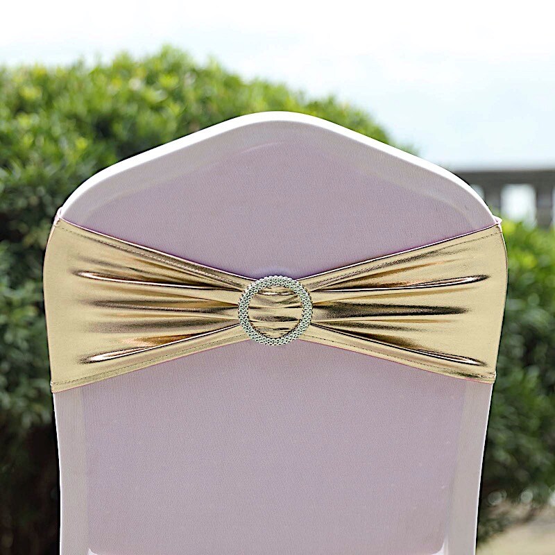 Metallic Spandex Chair Sashes Silver Round Buckles