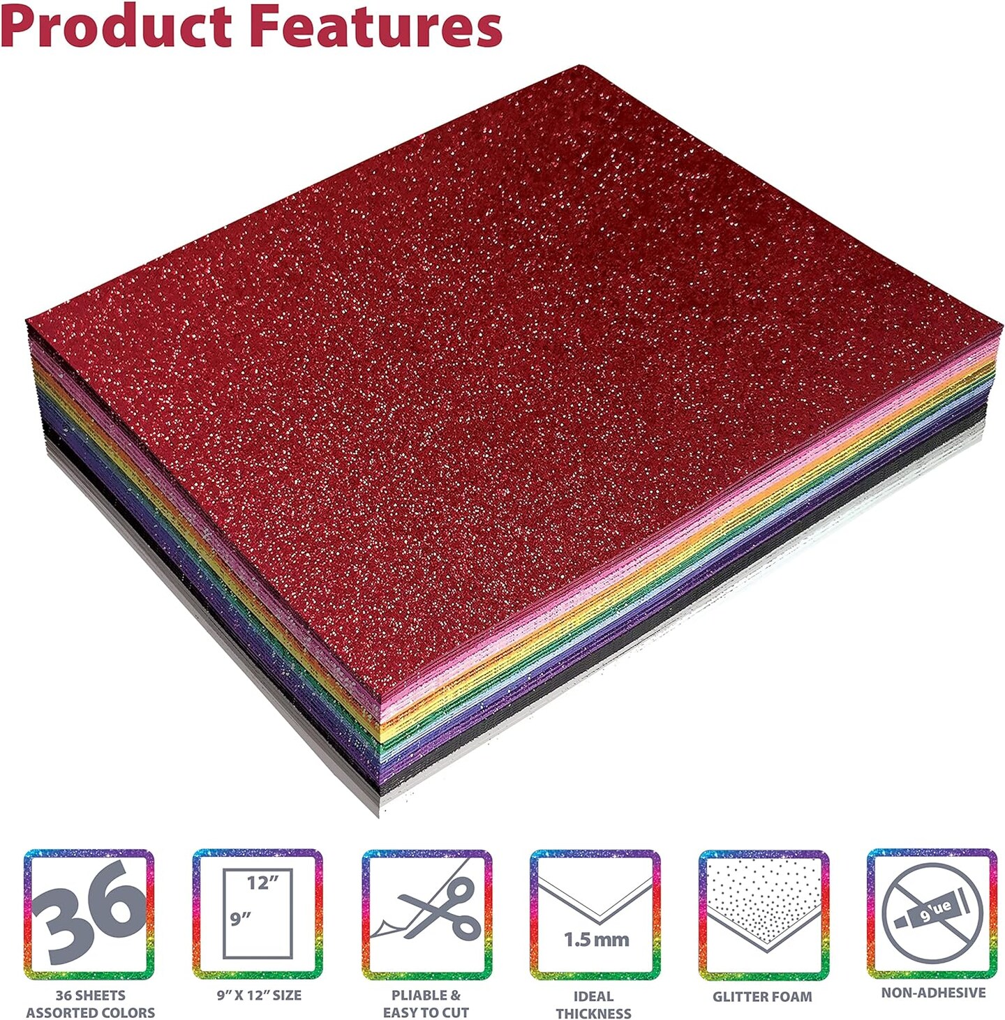 36 Pack Glitter Foam Sheets, 9 x 12 Inch, Assorted 12 Colors, for Arts and Crafts, 36 Sheets