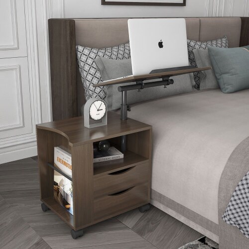Height Adjustable Overbed End Table with Swivel Top and Storage Drawers | Multifunctional Table