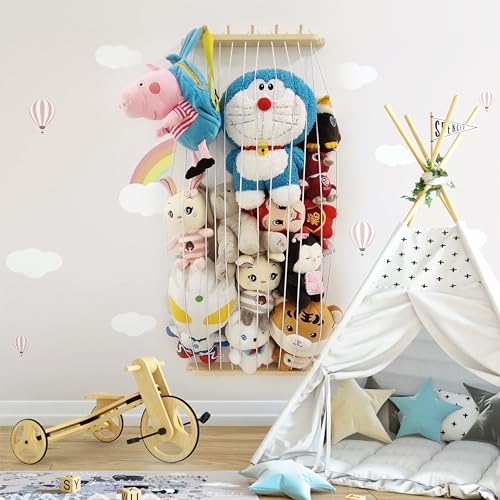 KSXLIUC Stuffed Animal Storage Wood Plush Toys Holder with Hooks, Length Adjustable Hanging Stuffed Animal Toy Organizer Shelf for Nursery Kid Room Play Room Bedroom