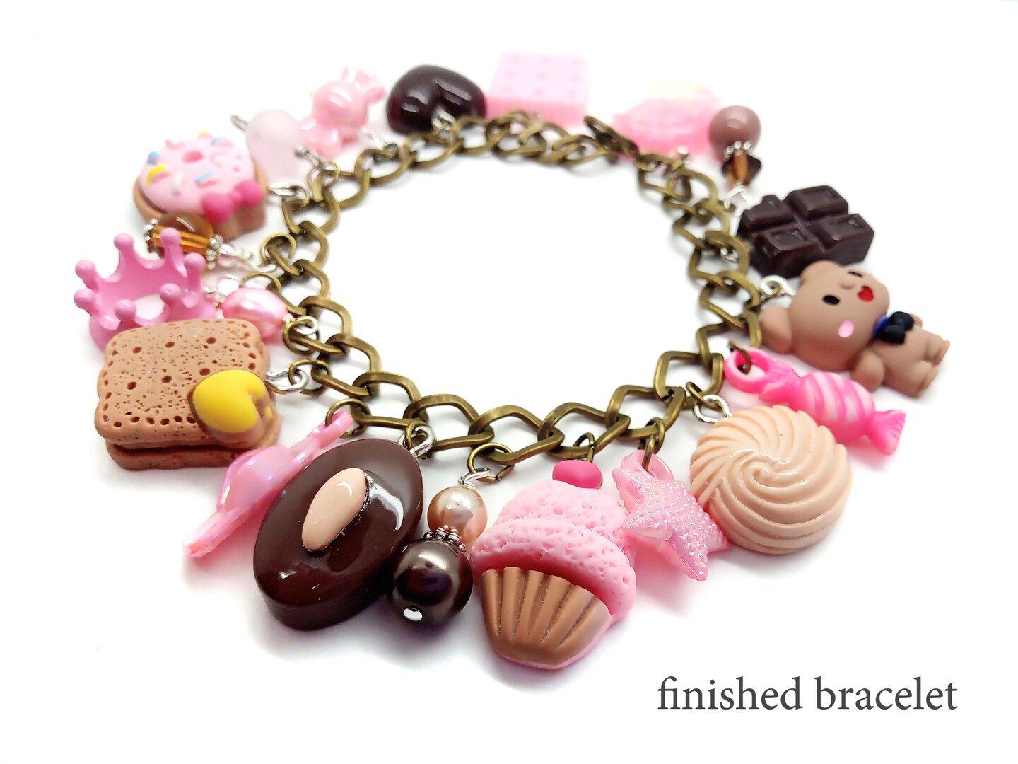 Adorable Chunky Charm Bracelet Kit, Easy DIY Jewelry, Pink &#x26; Brown Kawaii Charms, Adorabilities
