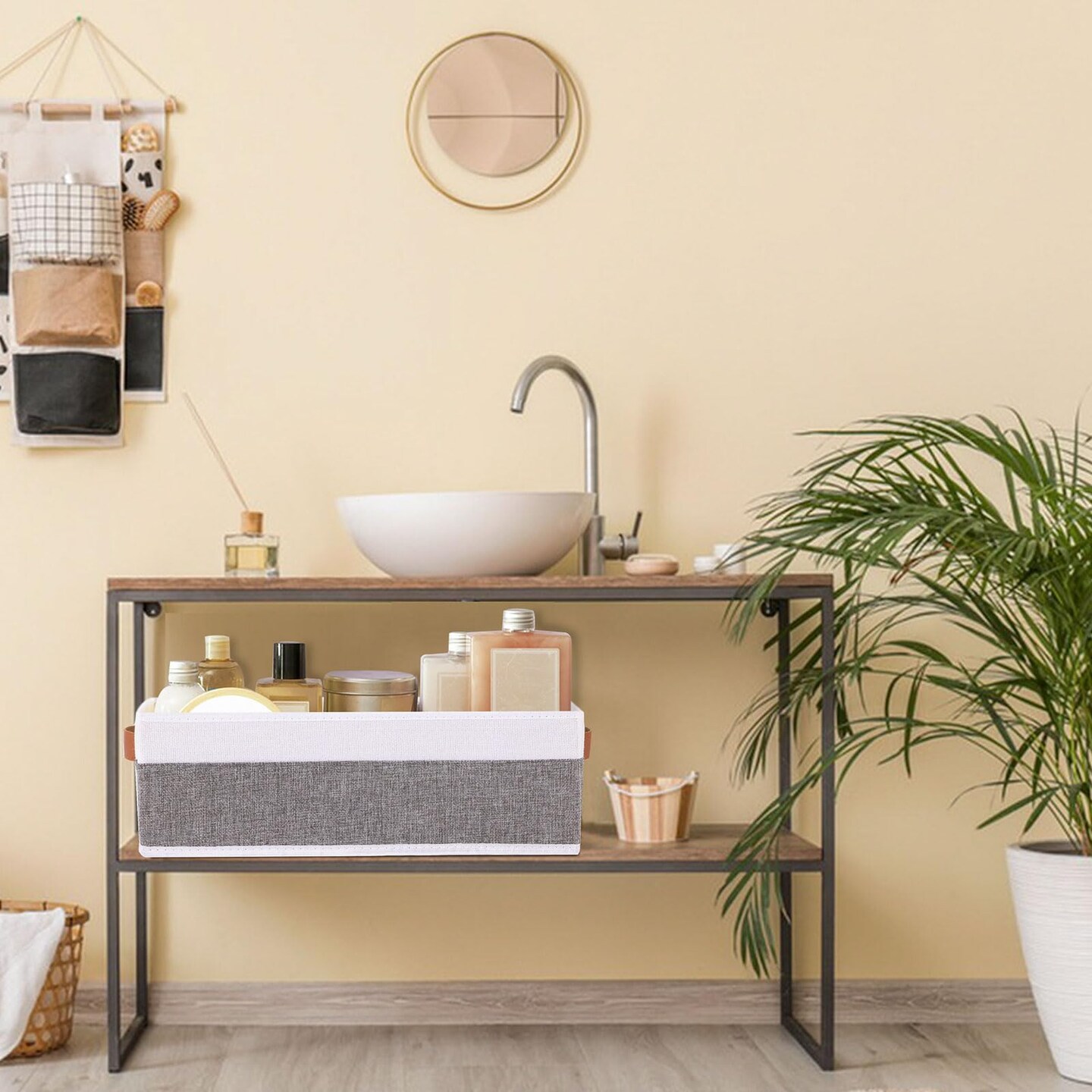 Small Storage Basket 1-Pack,Foldable Open Storage Bins, Storage Boxes with Handles, Fabric Storage Containers (White&Gray,15x6x5in