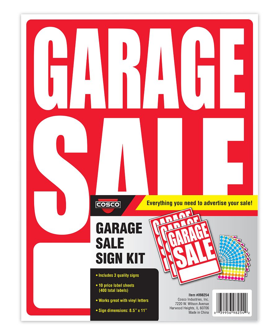 COSCO Garage Sale Sign Kit with Adhesive Price Stickers, Durable White with Red Imprint Sign, 8.5&#x22; x 11&#x27;, 4 signs/pack
