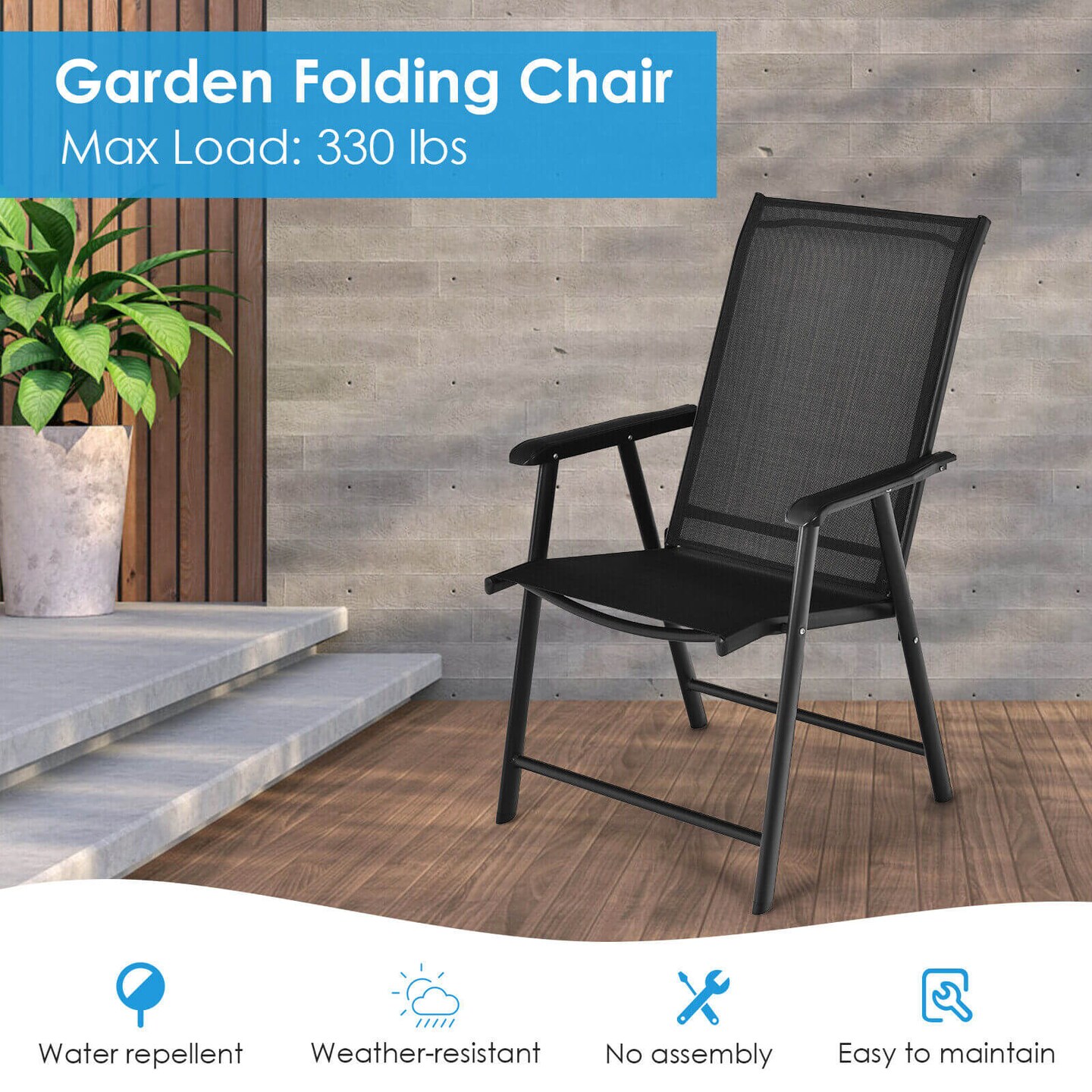 Set of 2 Outdoor Patio Folding Chairs with with 2 Ergonomic Armrests and Iron Frame
