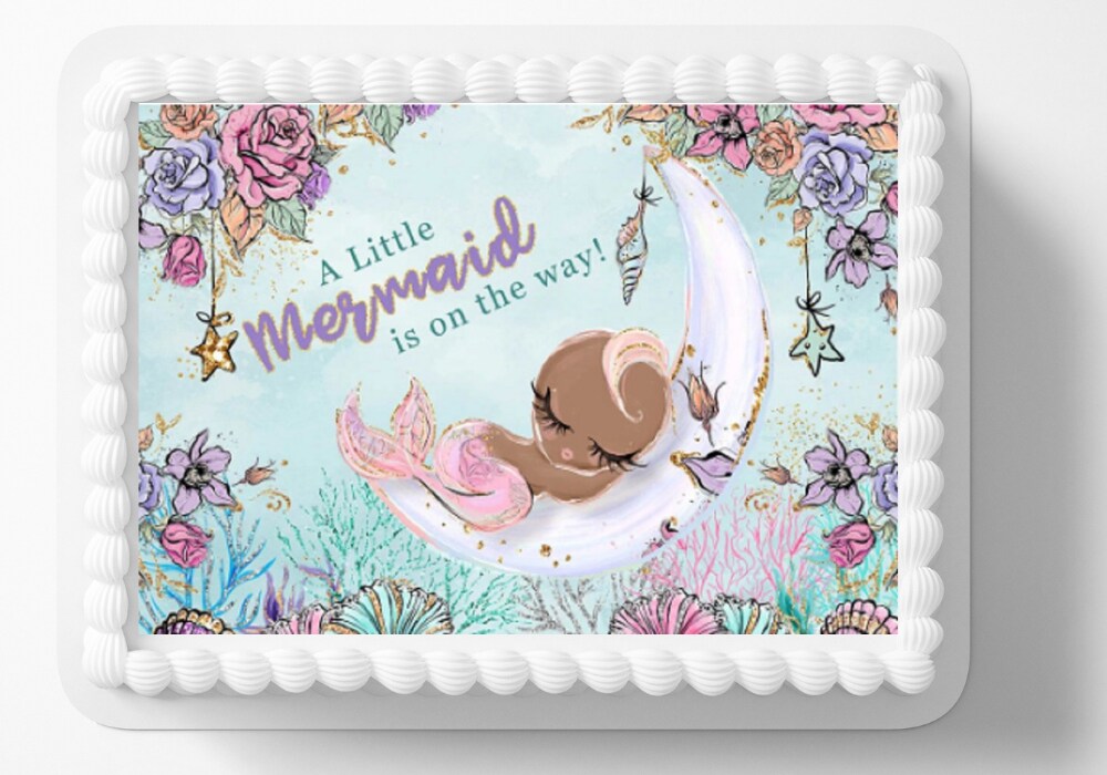 A Little Mermaid Is On The Way Themed Edible Image Baby Shower under