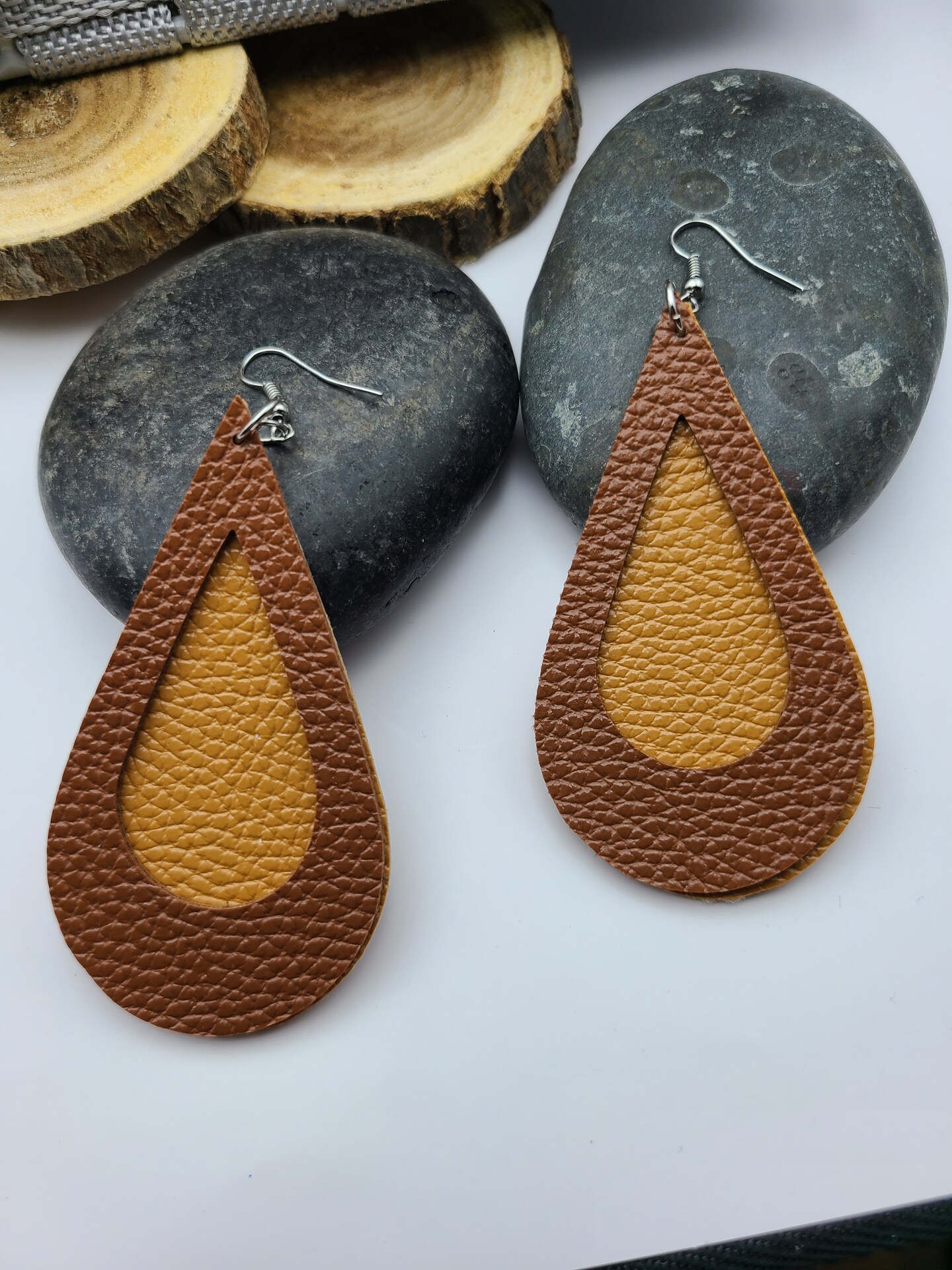 Brown and Tan Faux Leather Earrings, Lightweight, Dangle, Teardrop Shaped Earrings, Birthday Gift, Mothers Day Gift, Unique, Elegant MakerPlace by