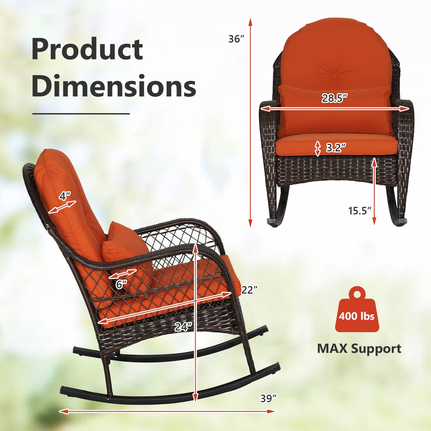 Patio Rattan Rocking Chair with Seat Back Cushions and Waist Pillow