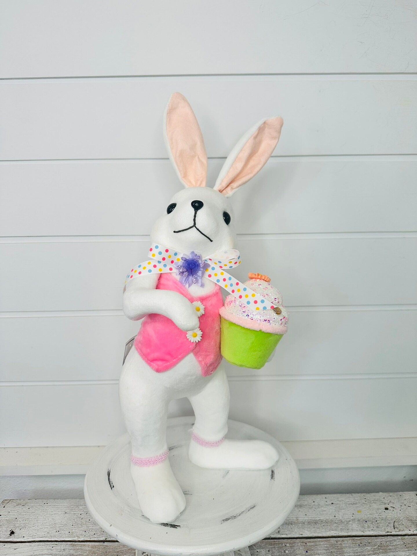 15.25&#x22; Set of 2 Styrofoam Standing Bunnies with Cupcake - White and Pastel Spring Decorations- Easter Home Decor (MT26006)