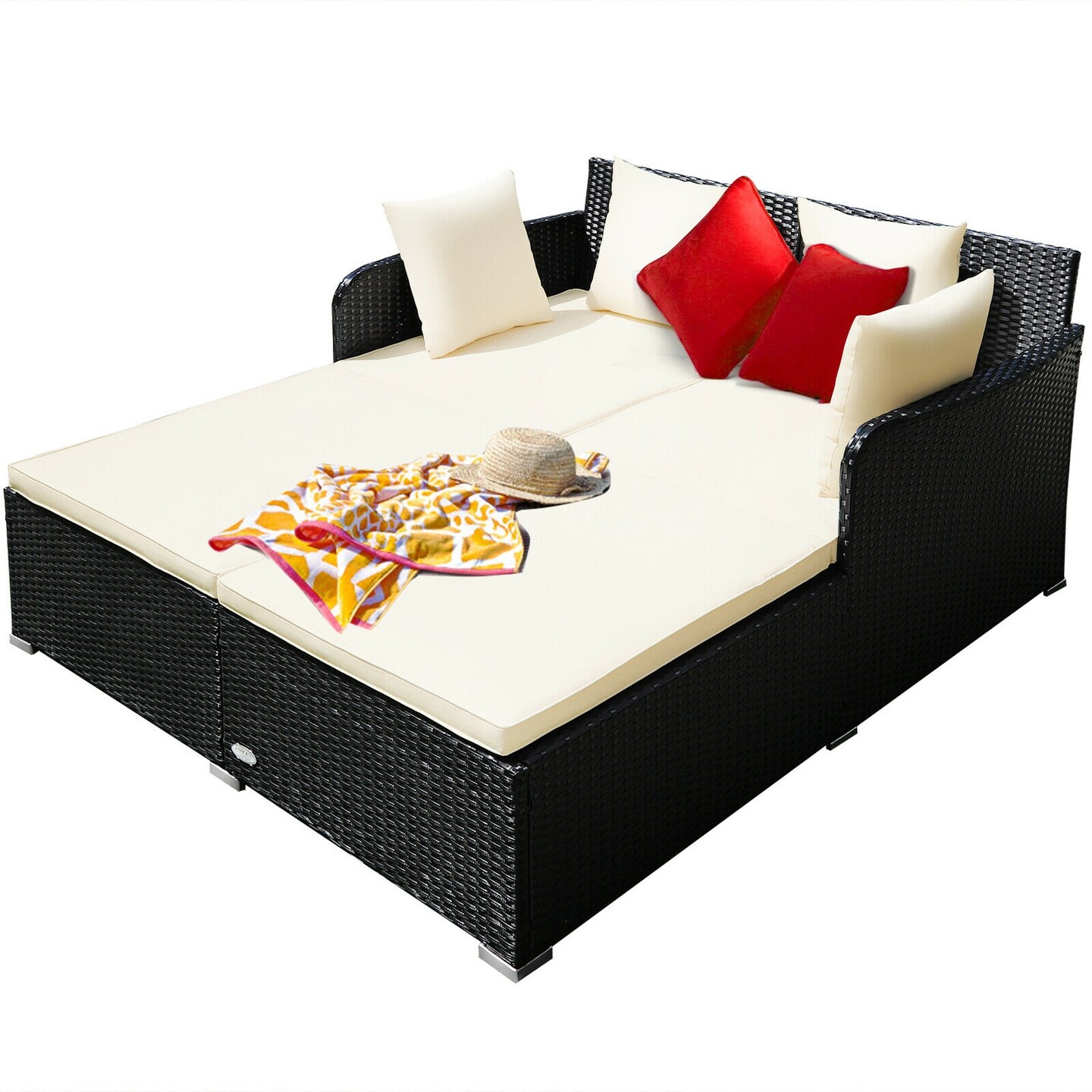 Spacious Outdoor Rattan Daybed With Upholstered Cushions And Pillows