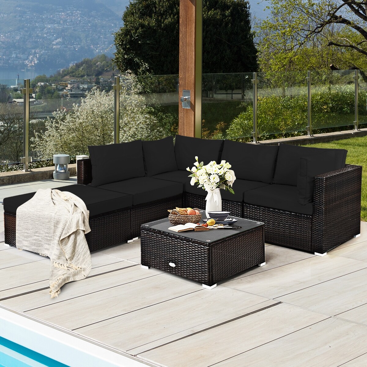 6 Pieces Outdoor Patio Rattan Sectional Sofa Set With Coffee Table