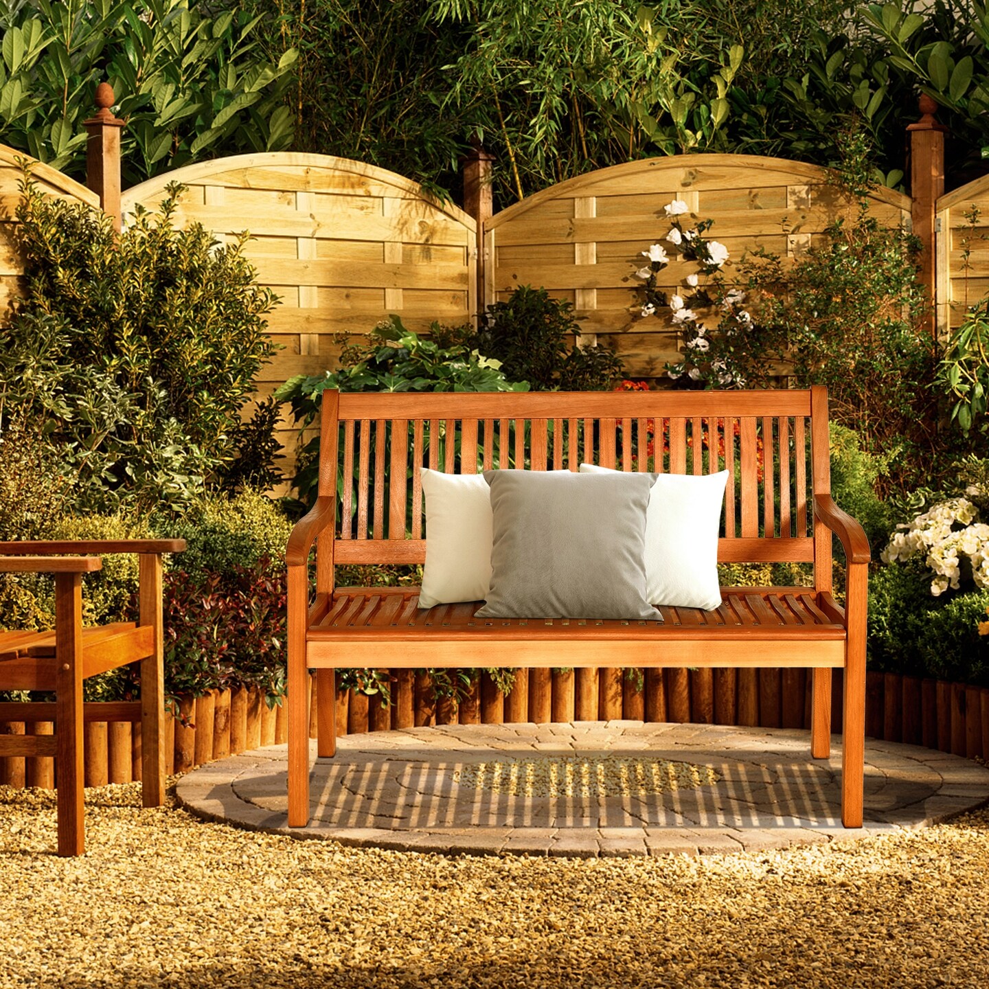 2- Person Solid Wood Garden Bench with Curved Backrest and Wide Armrest