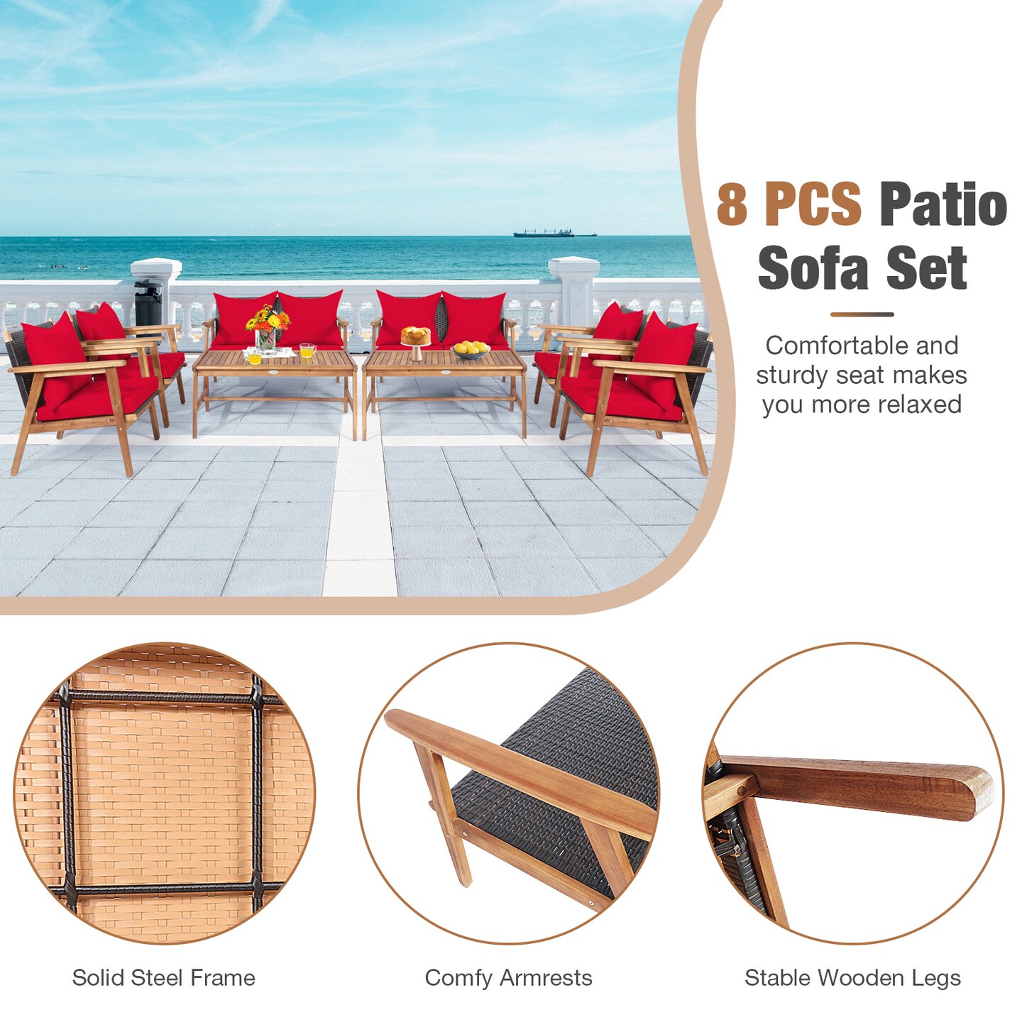4 Piece  Acacia Wood Patio Rattan Furniture Set