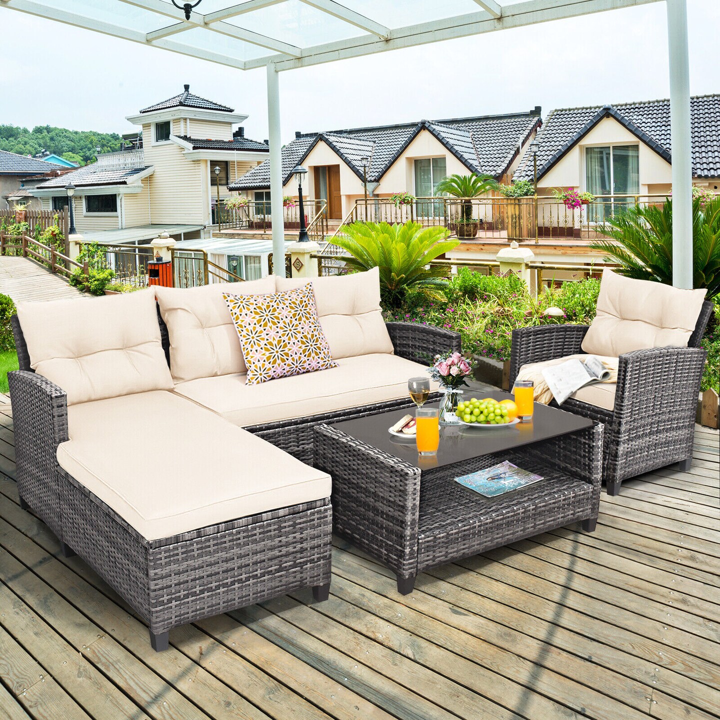 4 Pieces Patio Rattan Furniture Set With Cushion And Table Shelf