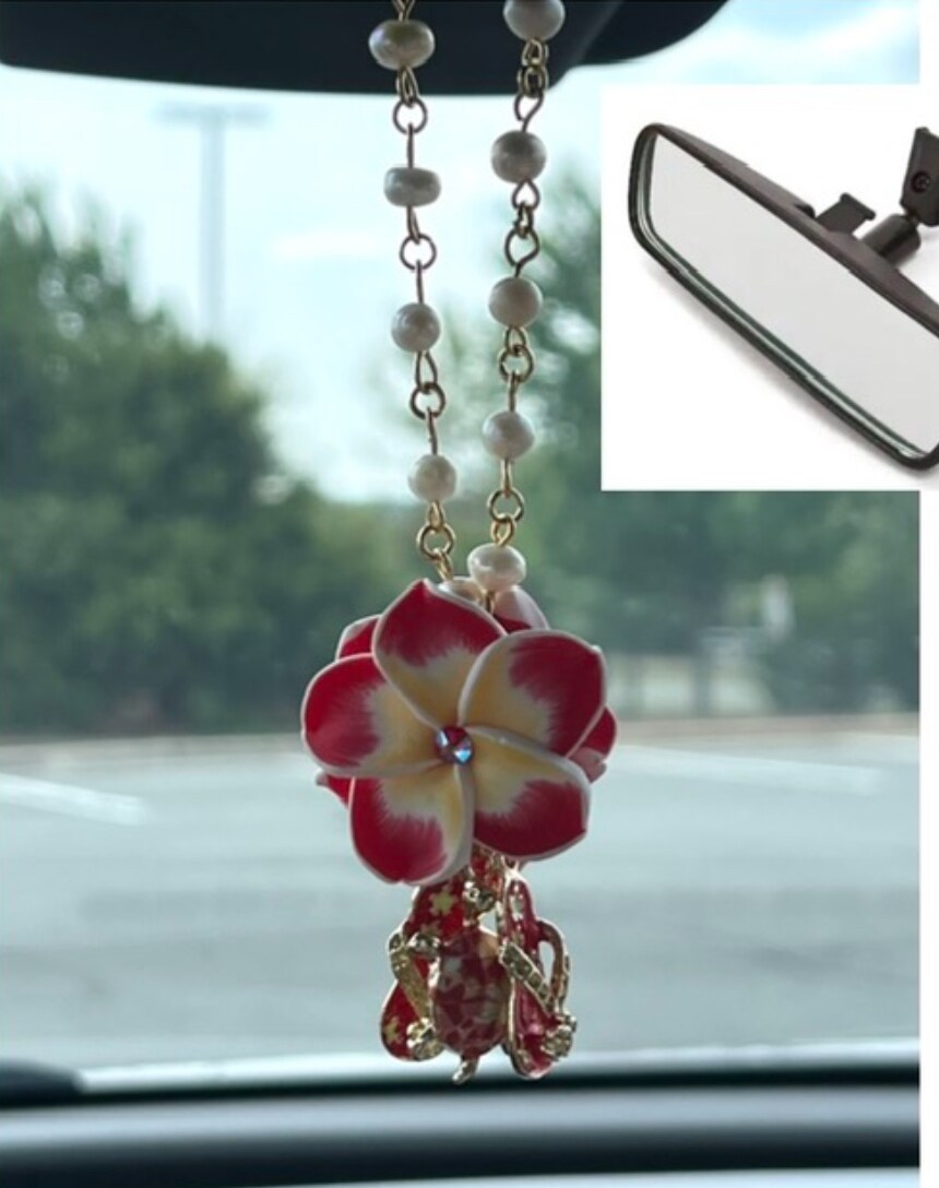 Car Rearview Mirror Charm RED Plumeria (2) with crystals, Red