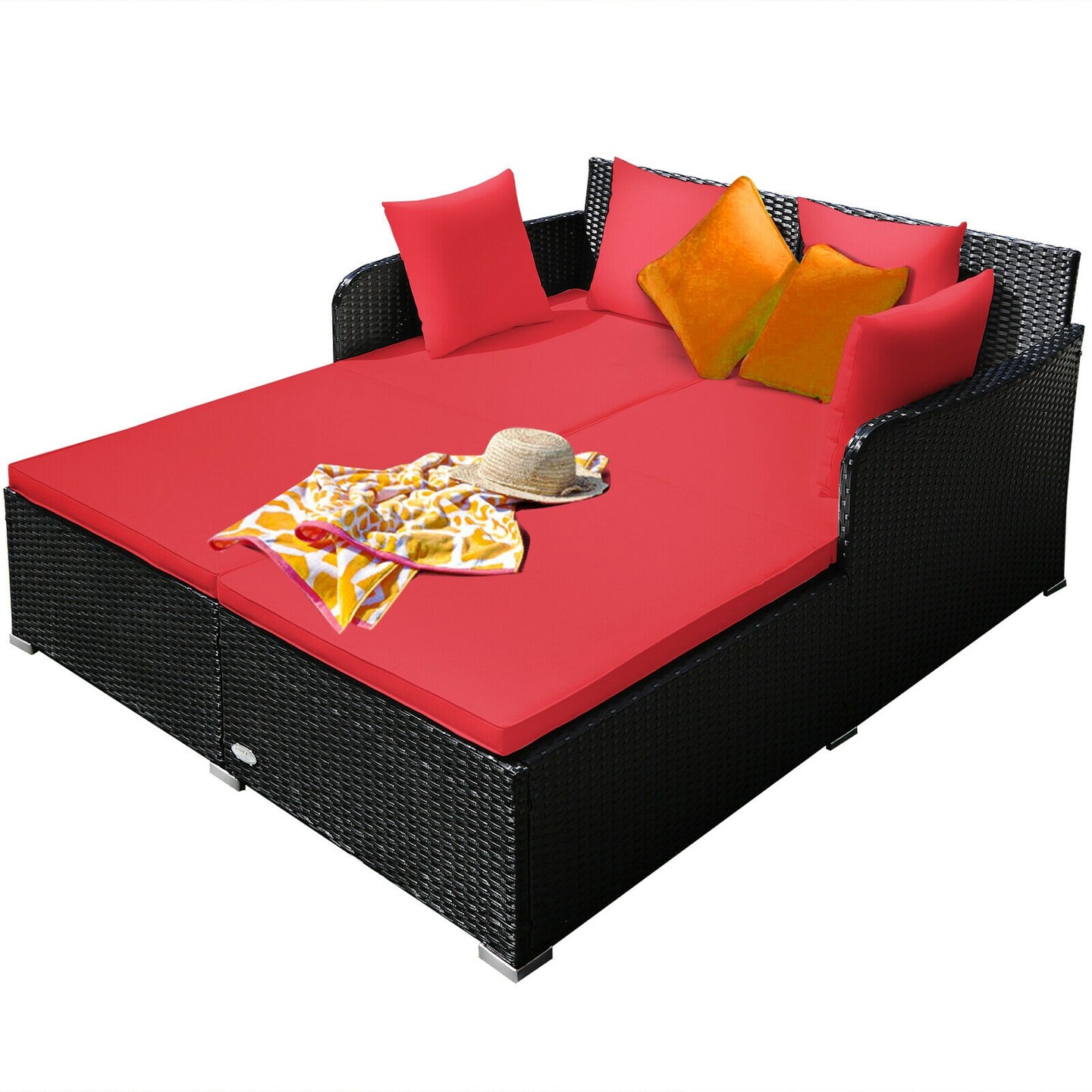 Spacious Outdoor Rattan Daybed With Upholstered Cushions And Pillows