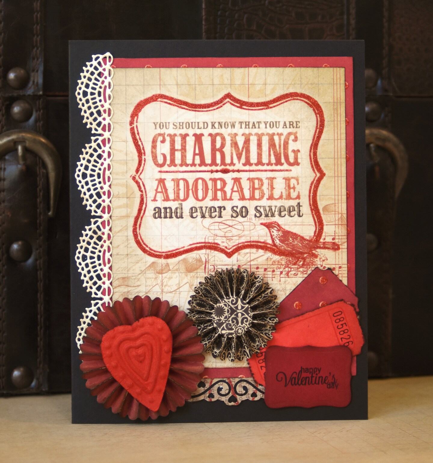 Handmade Vintage Style Valentine's Day Greeting Card, Romance -Love- Charming-Adorable- Blank Inside 6.5 x 5 Red and Black