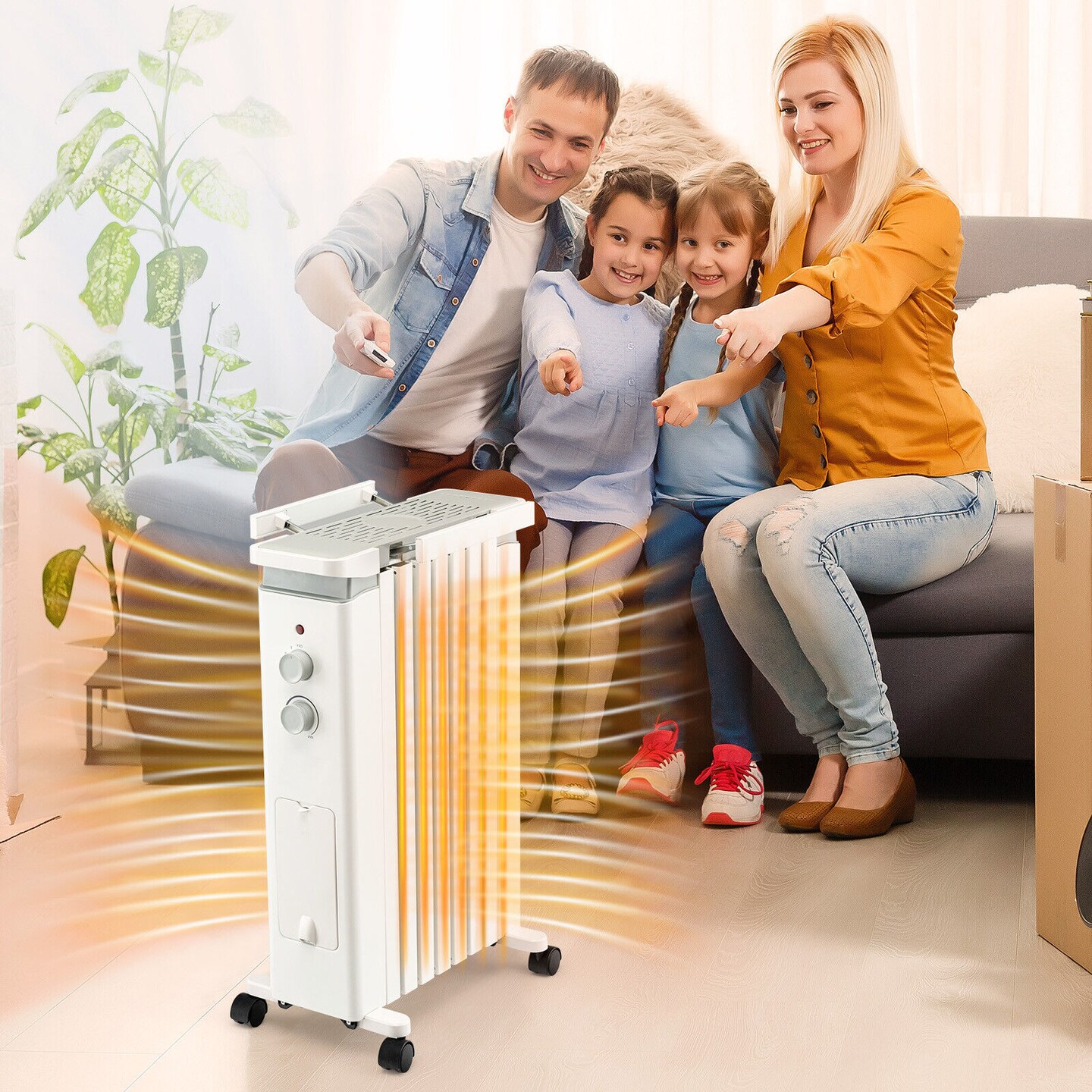 1500W Portable Oil Filled Radiator Heater with 3 Heat Settings and Humidification Box