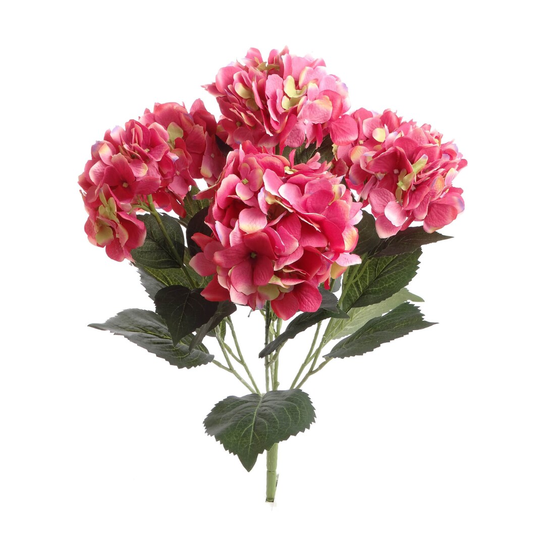 UV Fuchsia Hydrangea Bush with 7 Silk Flowers & Leaves by Floral Home®