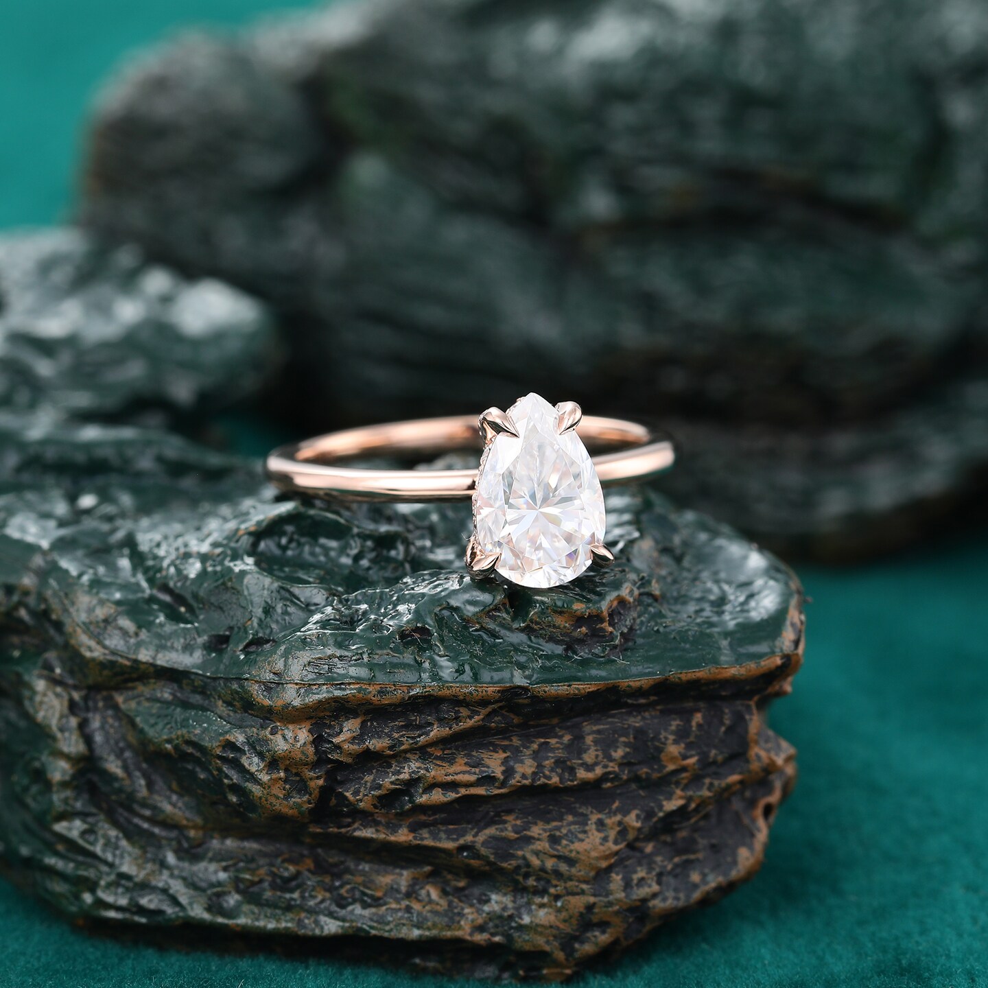 Pear shaped Moissanite ring, Rose gold CZ engagement ring, Solitaire ring Women, Minimalist Teardrop ring, Hidden Halo ring, Promise ring product 5