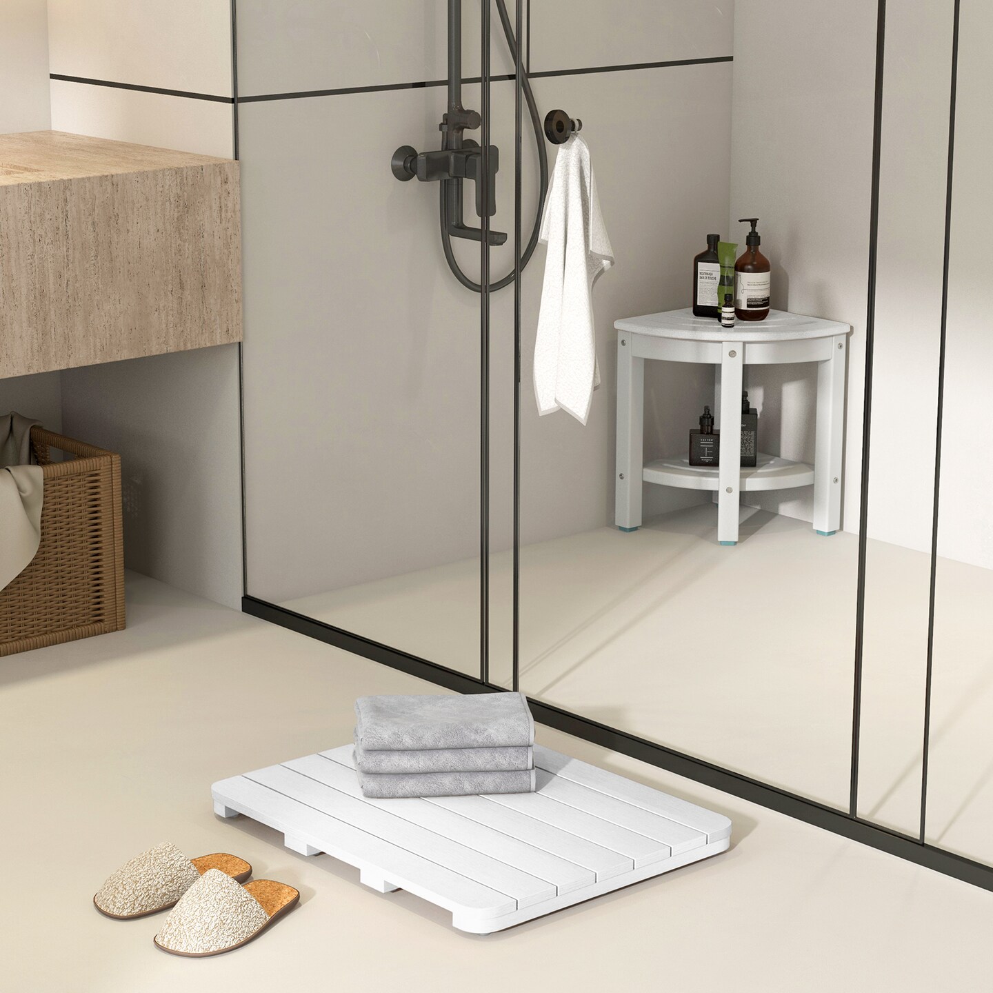 Costway 23.5" x 19" Bath Mat HIPS Spa Shower Mat for Bathroom with Non Slip Foot Pads Brown/White