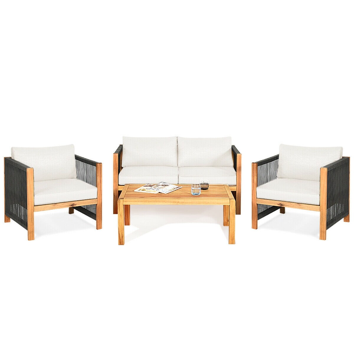 4 Pcs Acacia Wood Outdoor Patio Furniture Set with Cushions