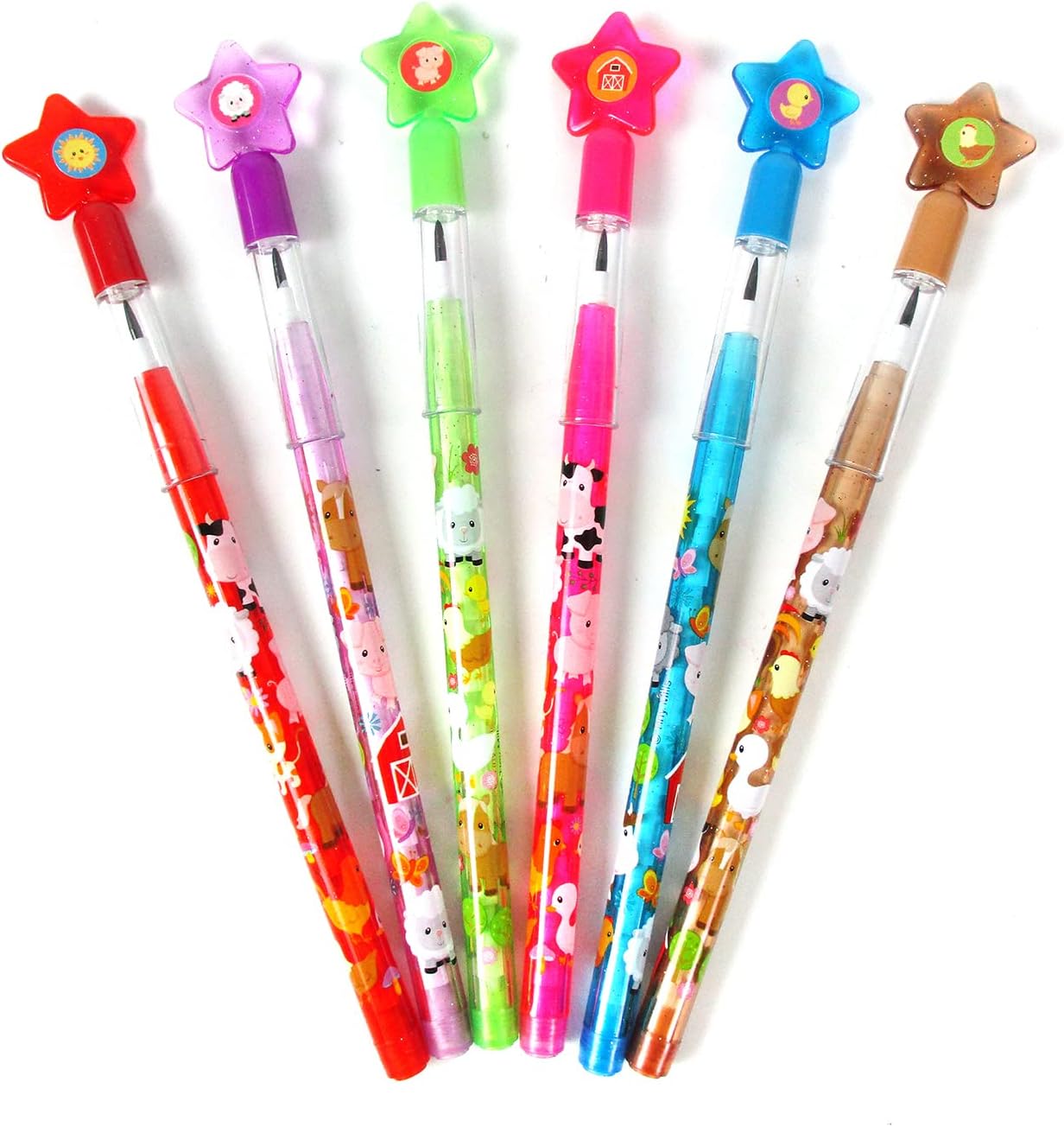 TINYMILLS 24 Pcs Farm Animals Stackable Push Pencil Assortment with Eraser for Party Favors