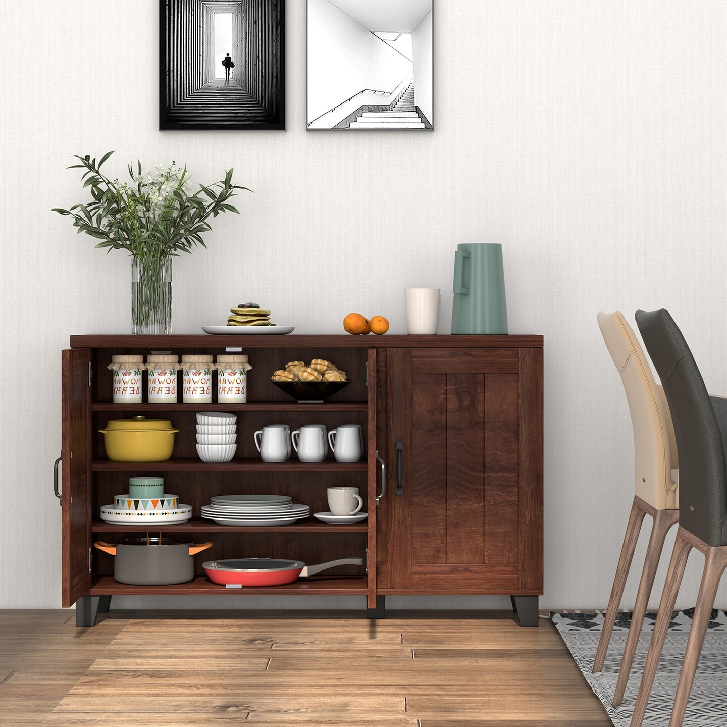 3-Door Buffet Sideboard with Adjustable Shelves and Anti-Tipping Kits-Brown