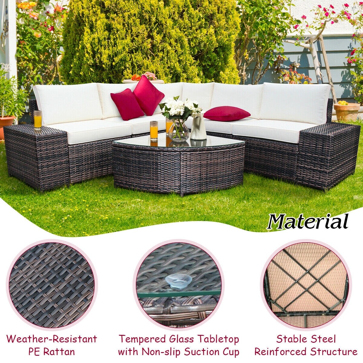 6 Pieces Rattan Furniture Cushioned Sofa Set
