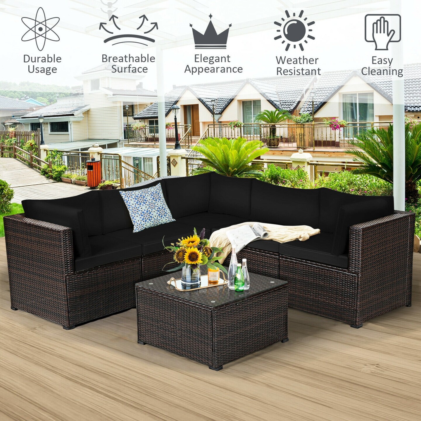 6 Pieces Patio Rattan Furniture Set Sectional Cushioned Sofa Deck