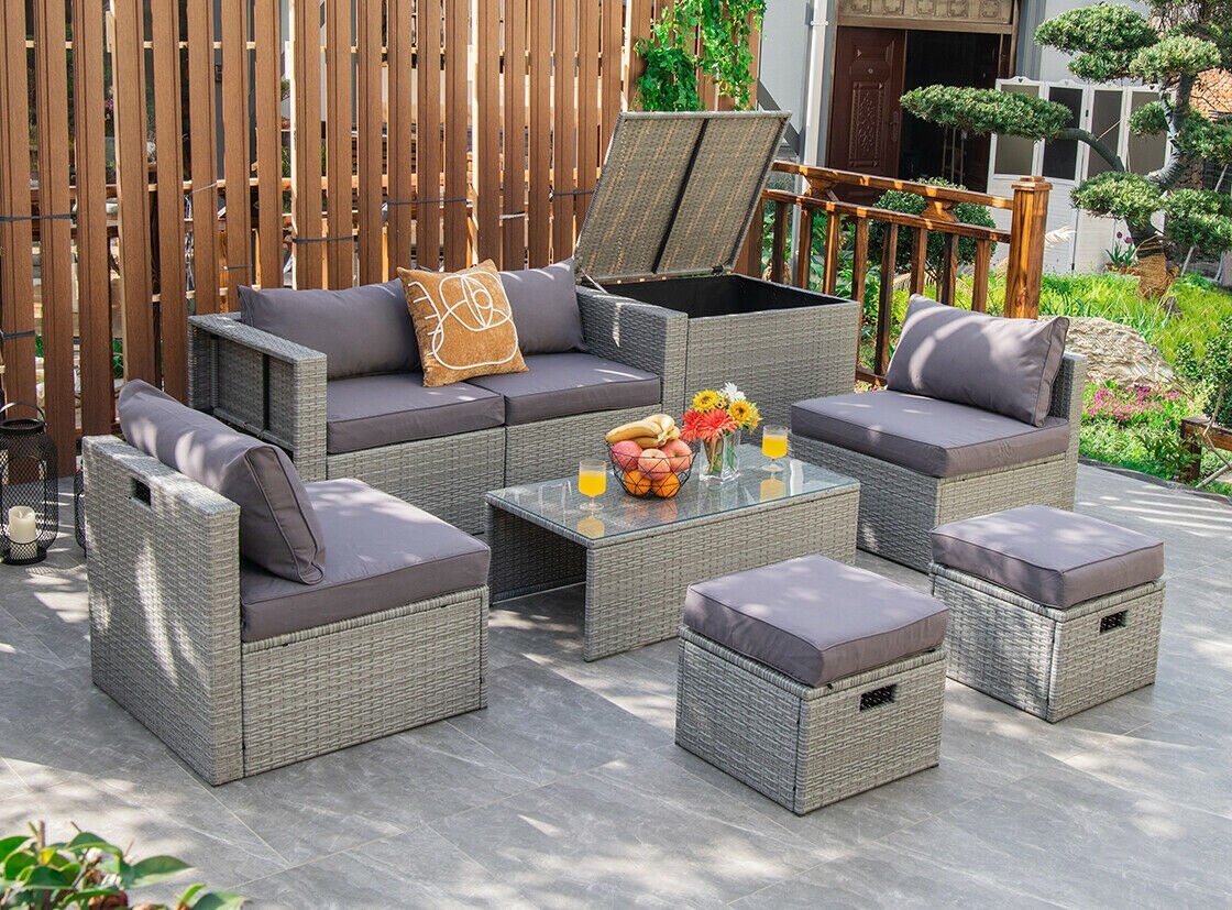 8 Pieces Patio Rattan Furniture Set with Storage Waterproof Cover and Cushion