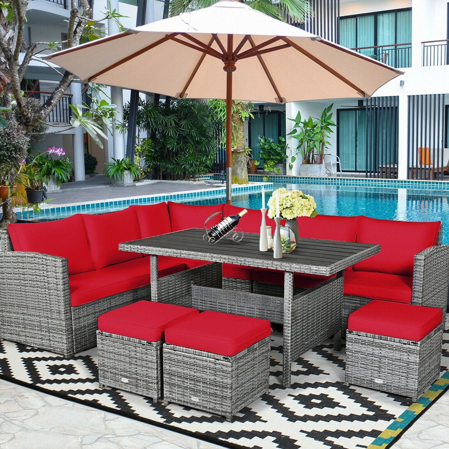 7 Pieces Patio Rattan Dining Furniture Sectional Sofa Set With Wicker Ottoman