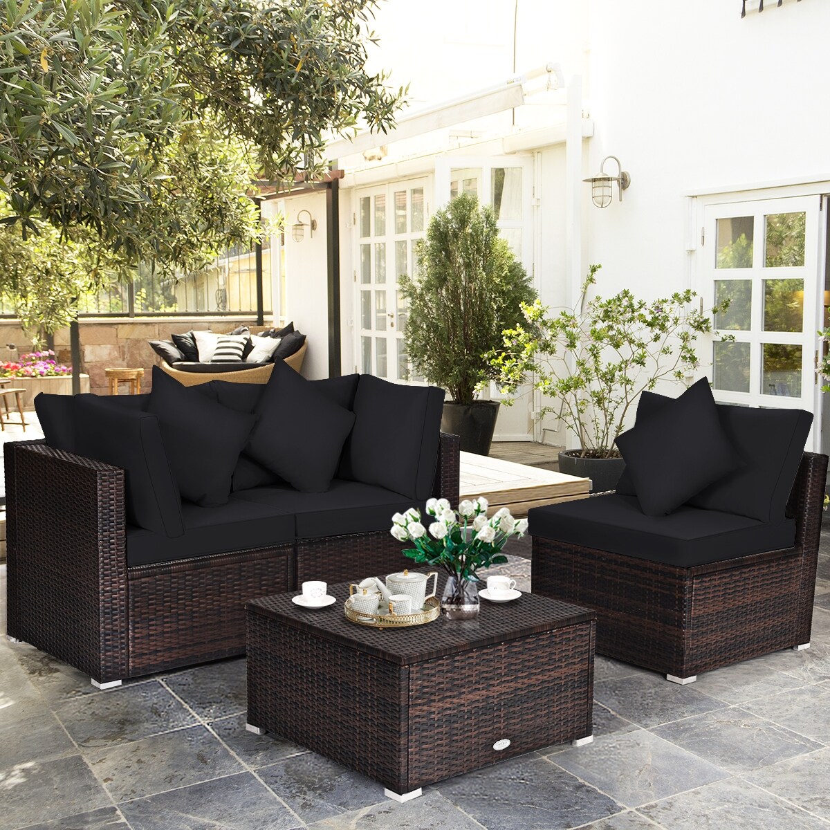 4 Pieces Ottoman Garden Patio Rattan Wicker Furniture Set with Cushion