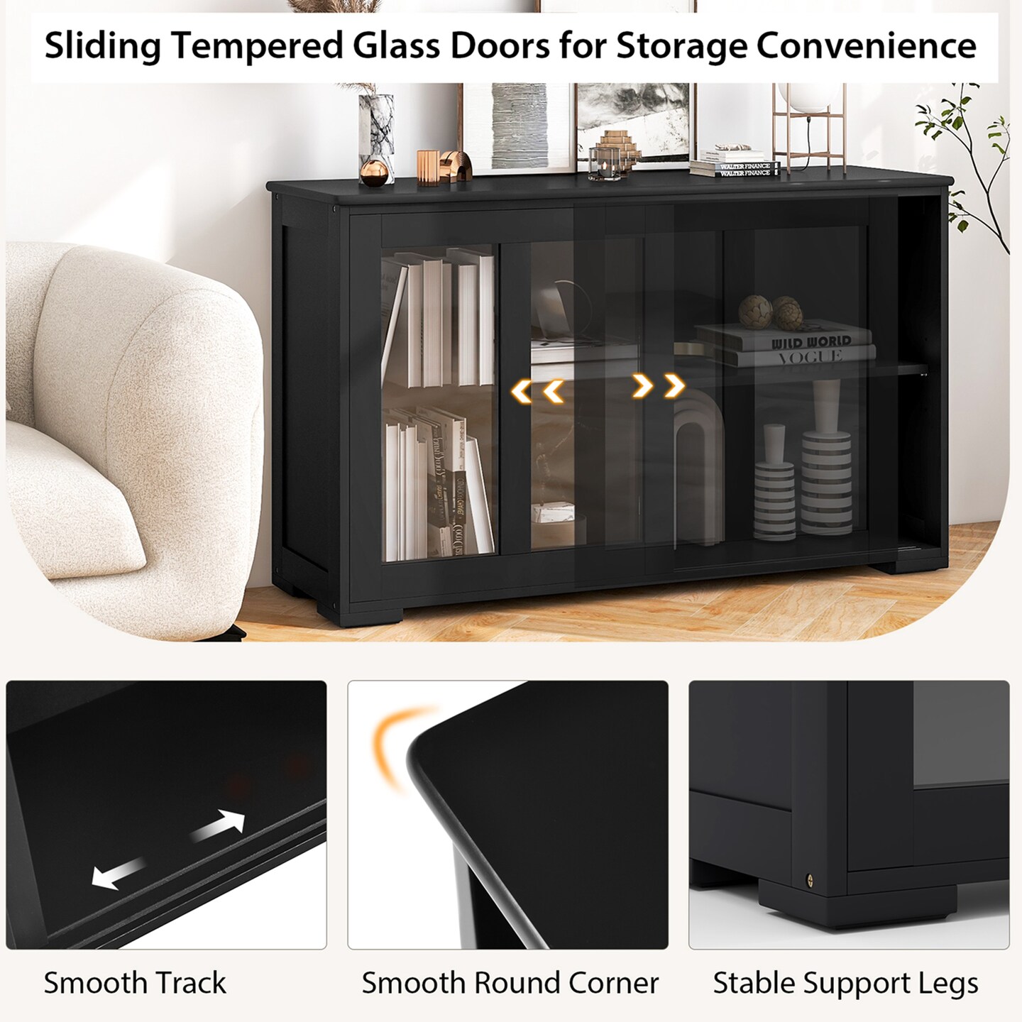 Costway 2-Door Stackable Buffet Sideboard Set of 2 with Sliding Tempered Glass Doors Black/Coffee/Gray/White