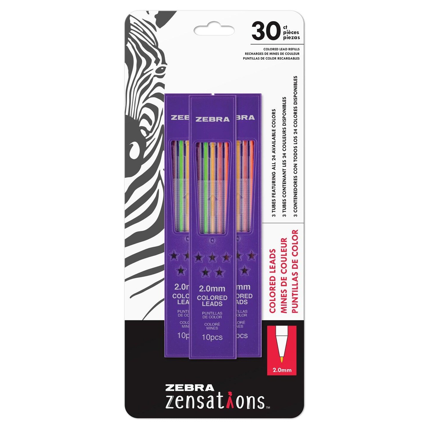 Mechanical Colored Pencil Lead Refill, 2.0mm Point Size, Assorted Colored Lead, 30 Per Pack, 3 Packs