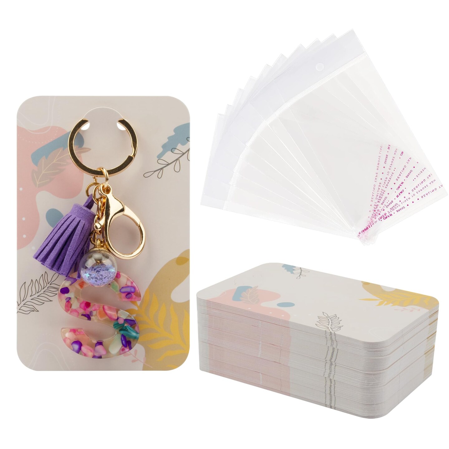 100 Pieces Keychain Display Cards with Self-Sealing Bags, 3&#x27;&#x27; x 4.7&#x27;&#x27; Keychain Cards Holder for Display Keyring Cards Jewelry Packaging Supplies (Plant)