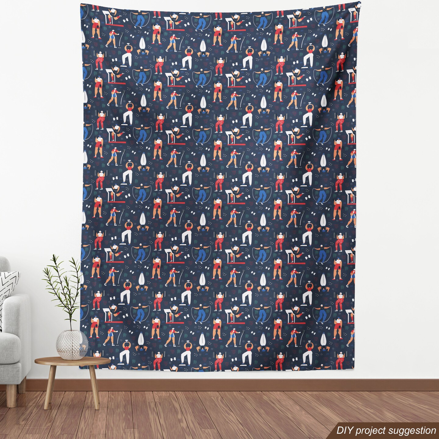 Ambesonne Sports Fabric by the Yard, Fitness Modern Funny Sportive Characters Boxing Weight Lifting Cardio, Decorative Fabric for Upholstery and Home Accents, Dark Blue Grey Multicolor