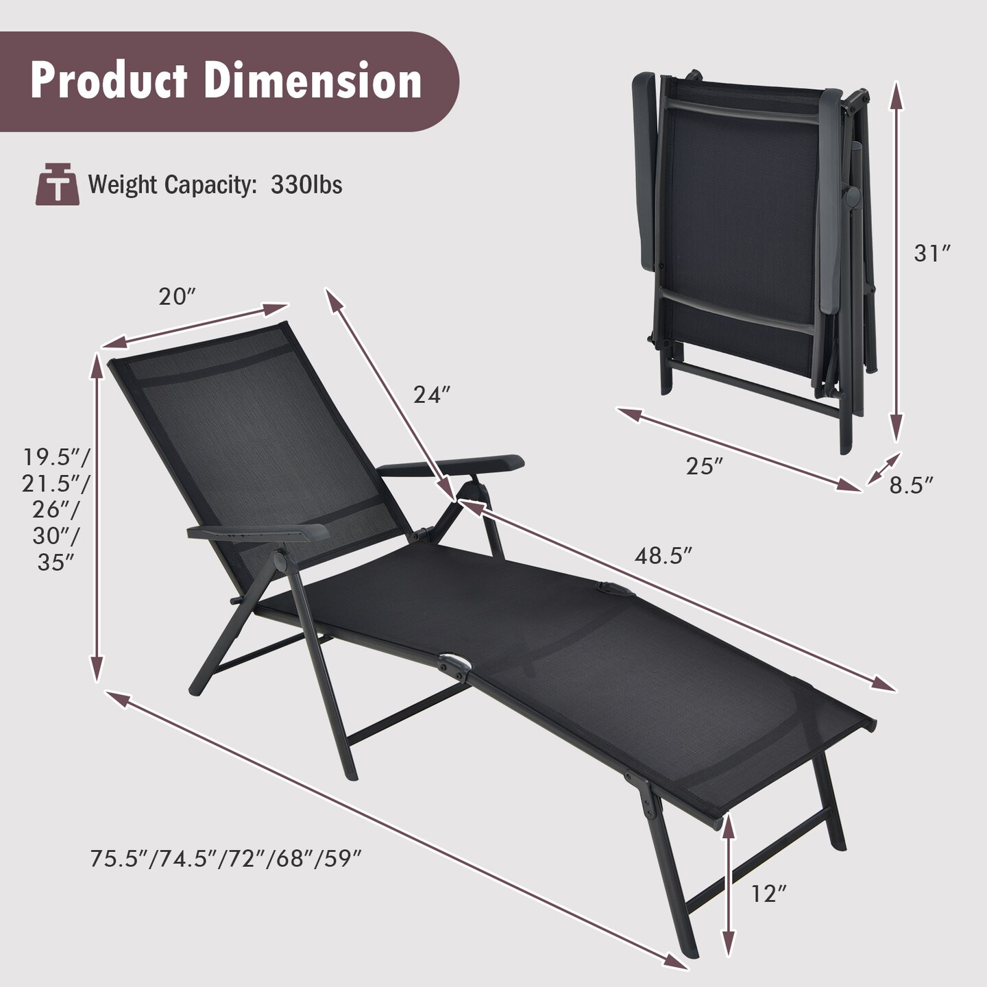 Patio Foldable Chaise Lounge Chair with Backrest and Footrest