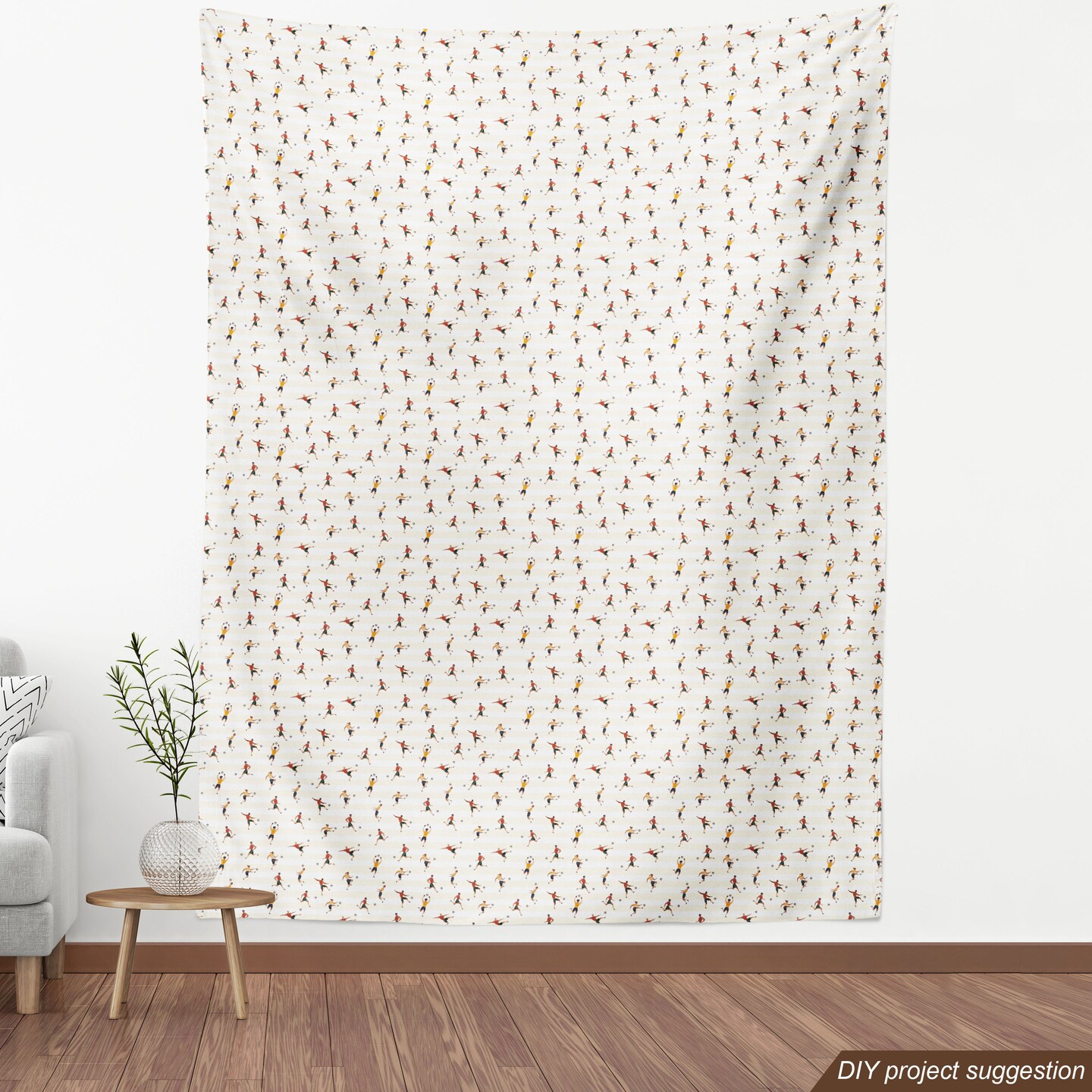 Ambesonne Sports Fabric by the Yard, Men Playing Soccer Football Athletic Poses Minimal Players Cartoonish Design, Decorative Fabric for Upholstery and Home Accents, Multicolor