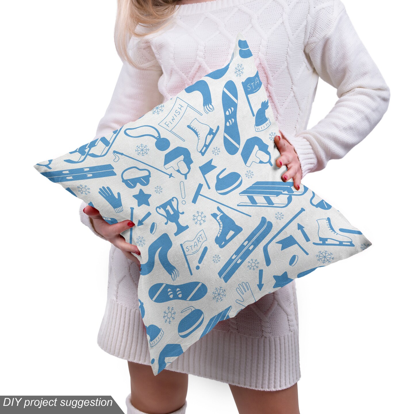 Ambesonne Ice Skates Fabric by the Yard, Winter Sports Elements Scattered Snowflakes Gloves Ski Poles Snowboard, Decorative Fabric for Upholstery and Home Accents, Deep Sky Blue White