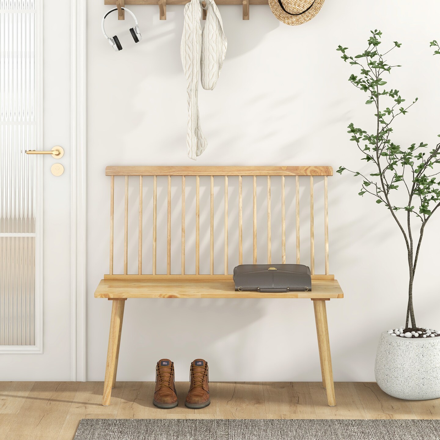 Entryway Bench For 2 With Spindle Back For Kitchen Dining Room Hallway-natural