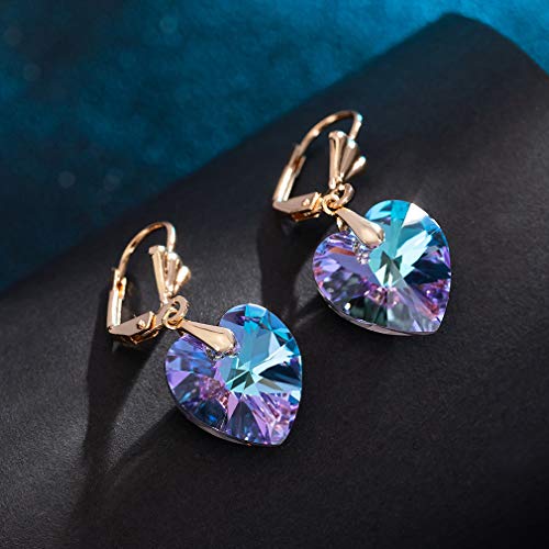Crystal Heart Drop Leverback Earrings for Women Fashion Dangle Earring 14K Rose Gold Plated Hypoallergenic Jewelry (Vitrail Light)