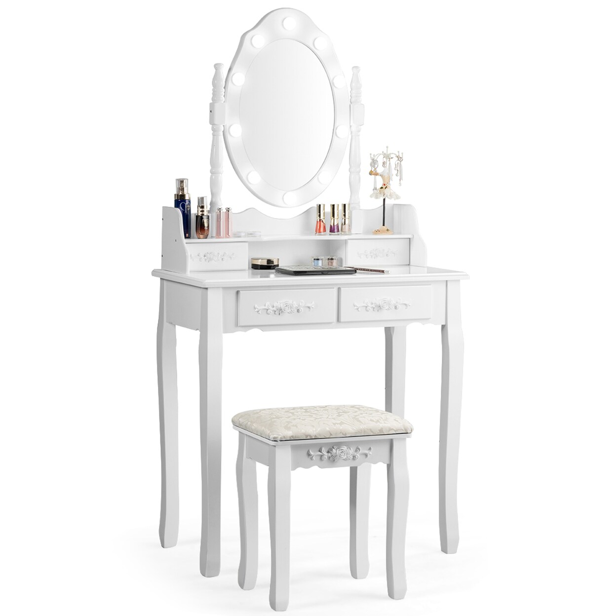 Makeup Vanity Dressing Table Set W/10 Dimmable Bulbs Cushioned Stool